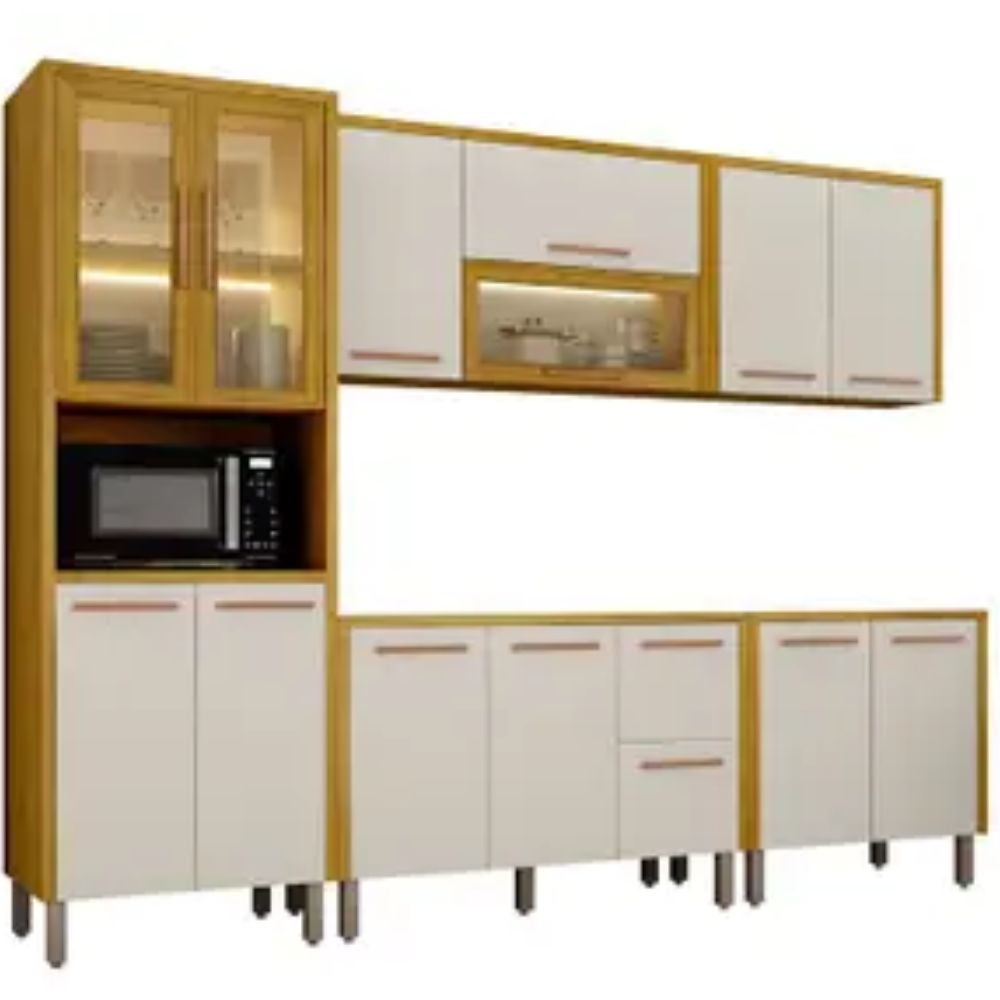 Cozinha Completa 5 Peças Donna 273 cm Vidro Reflecta e LED Aéreo 2 pts - CHF Móveis