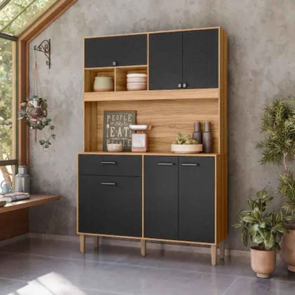 Cozinha Compacta Erva Doce 120 6 Portas 1 Gaveta Freijó/Preto Esfera - Nicioli
