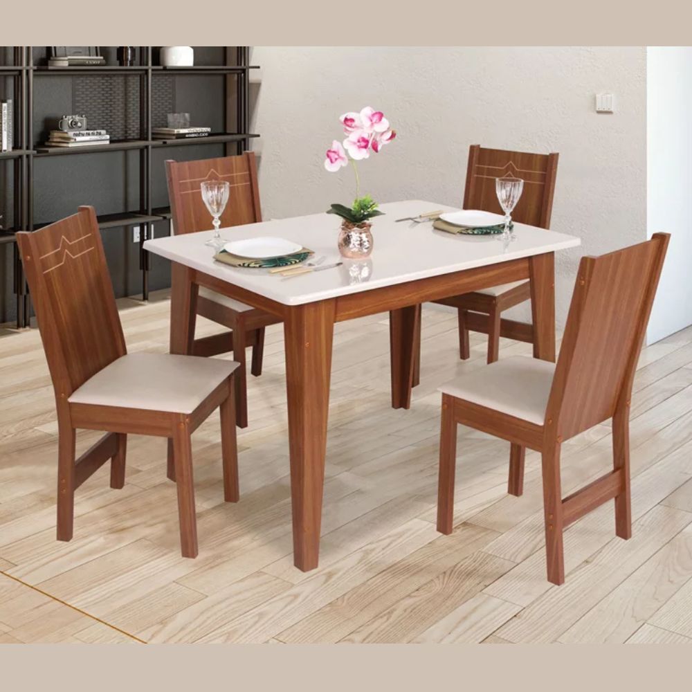 Mesa São Carlos Mariah com 4 Cadeiras Elane Bagum Bege Naturalle/Off White