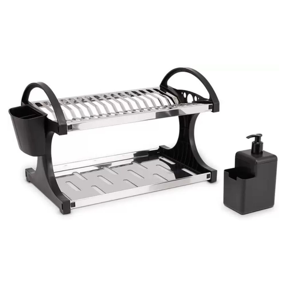 Escorredor 16 Pratos em Aço Inox com Porta Talheres e Dispenser Preto 500ml Brinox 2104/491