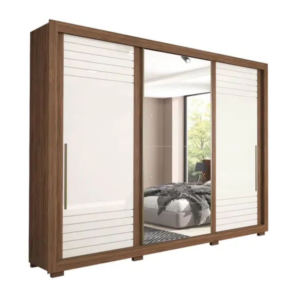 Guarda Roupa Panan Vitoria Slide Glass 3 Portas Avelan/Off White