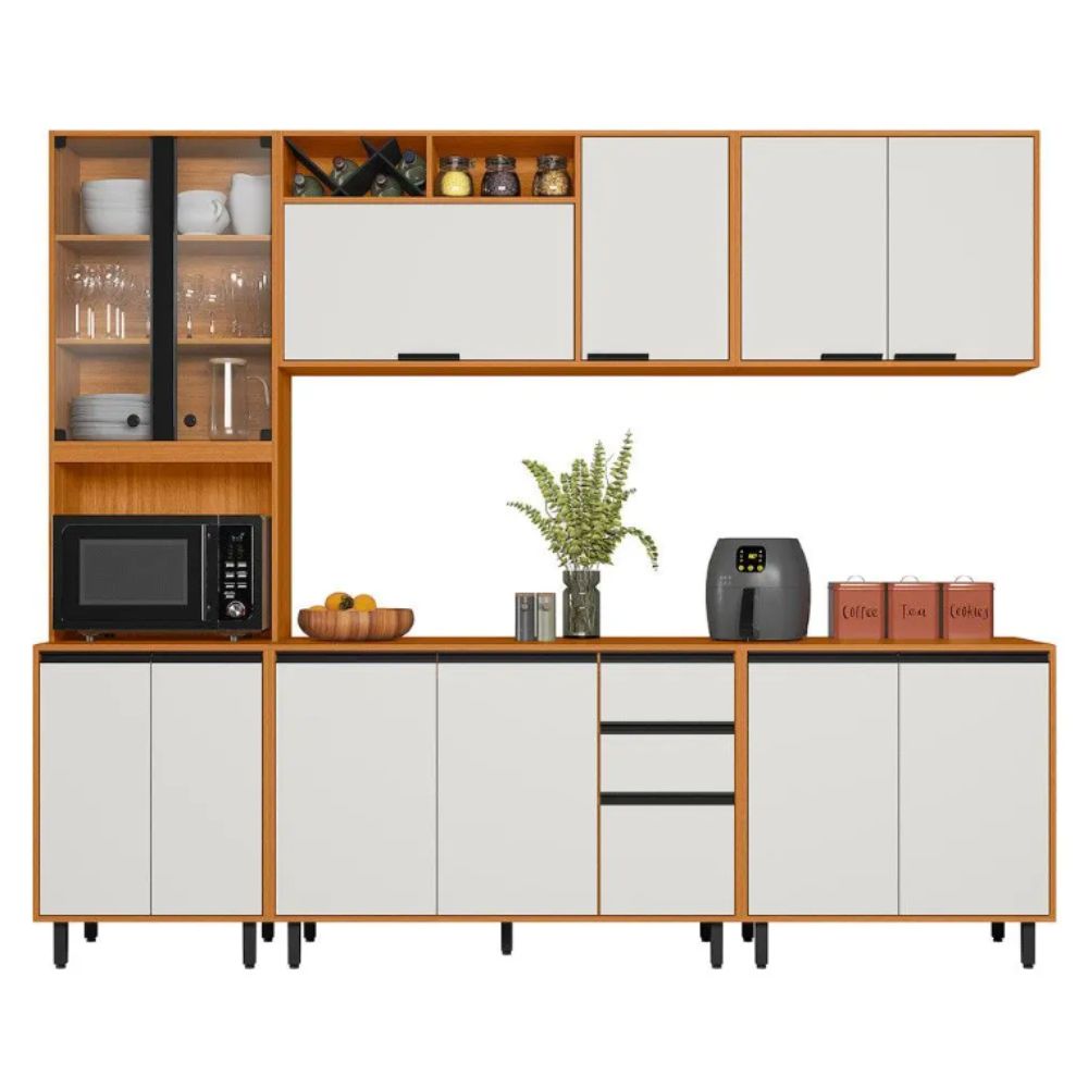 Cozinha Modulada Poliman Ravena 5 Peças Gavetas Freijó Ripado / Off White Acetinado