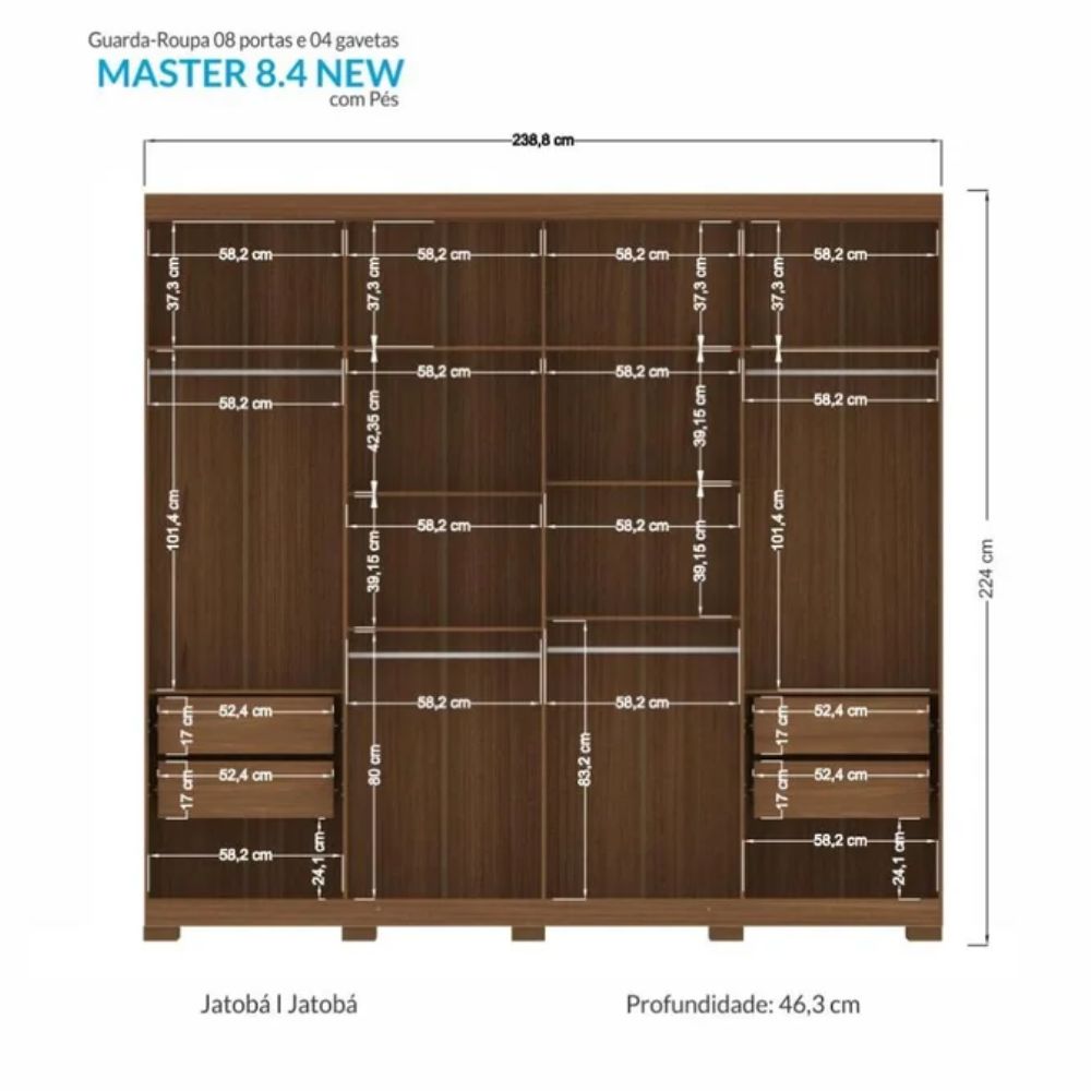 Guarda-Roupa Master New 8 Portas e 4 Gavetas Santos Andirá Jatobá