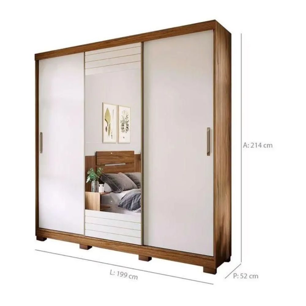 Guarda Roupa Panan Buzios Slide Glass 3 Portas Cacau