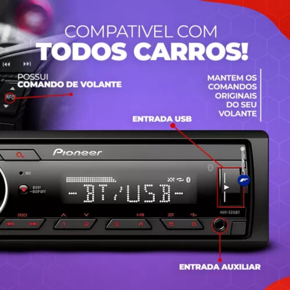 Aperelho De Som Pioneer Mp3 AM/FM/BT/USB/AUX MVH-S218BT
