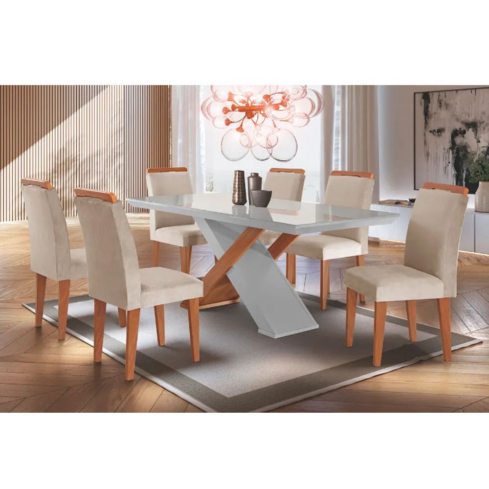 Mesa Rufato Imperatriz 180 com Tampo de Vidro 6 Cadeiras Off White/Imbuia