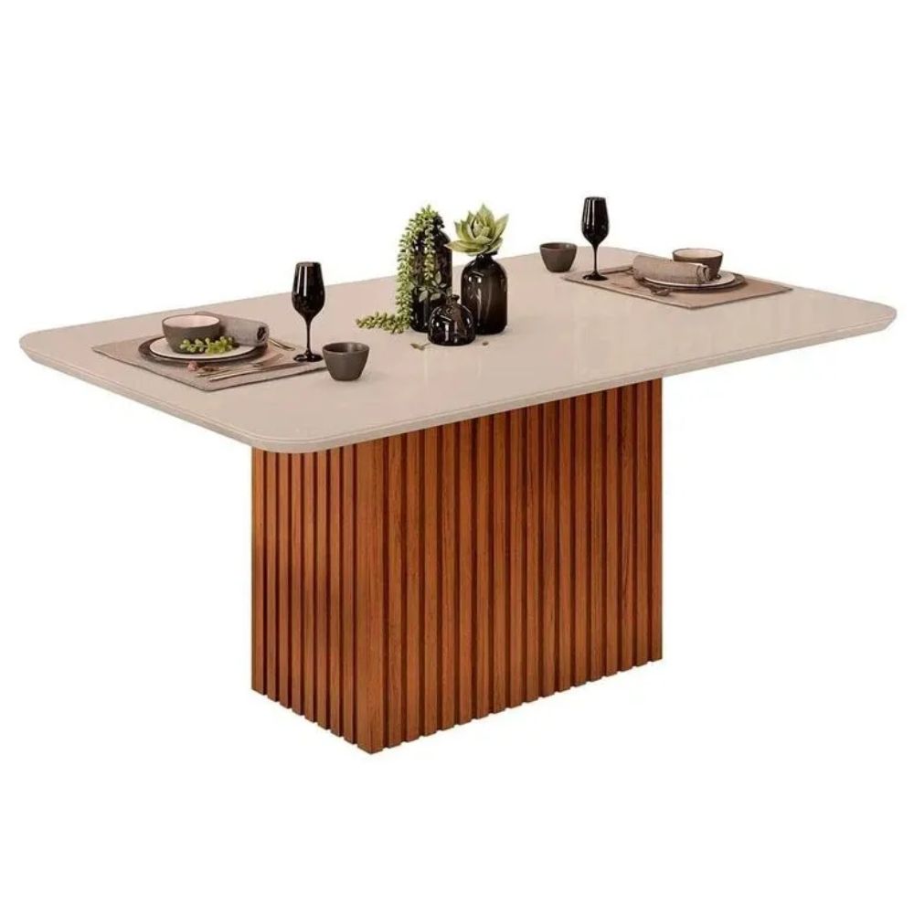 Mesa Sala Jantar Canes Tampo chanfrado c/ Vidro Curvo 170x90cm e 6 Cadeiras Julia Freijo/Off White - Linho Neve - DJ Móveis