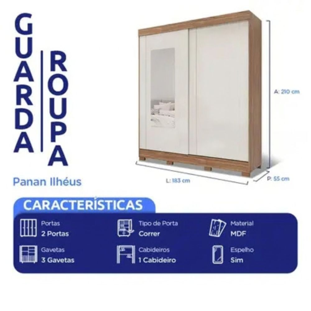 Roupeiro Casal 2 Portas Correr 3 Gavetas Ilhéus Panan