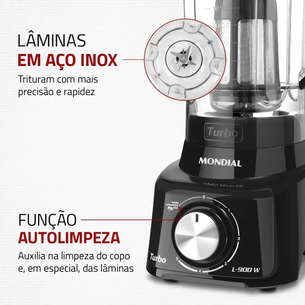 Liquidificador Mondial 900W L-900 FB 5 Velocidades Preto