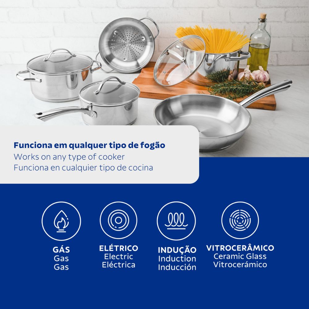 Jogo de Panelas Tramontina Una em Aço Inox com Fundo Triplo e Tampas de Vidro 5 Peças