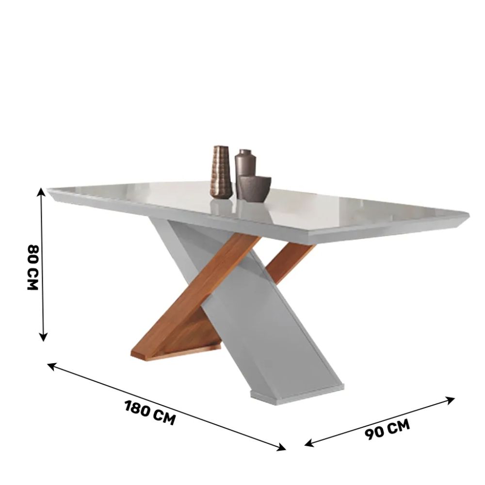 Mesa Rufato Imperatriz 180 com Tampo de Vidro 6 Cadeiras Off White/Imbuia