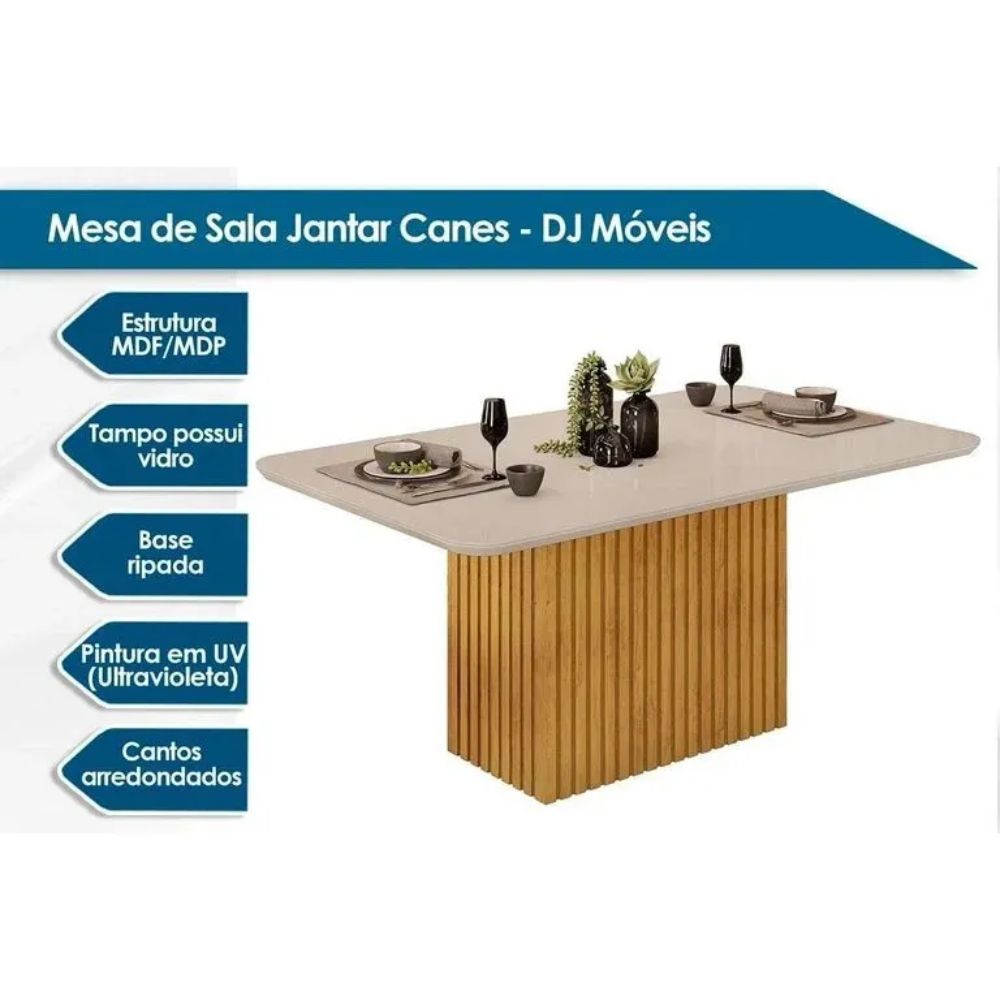 Mesa Sala Jantar Canes Tampo chanfrado c/ Vidro Curvo 170x90cm e 6 Cadeiras Julia Freijo/Off White - Linho Neve - DJ Móveis
