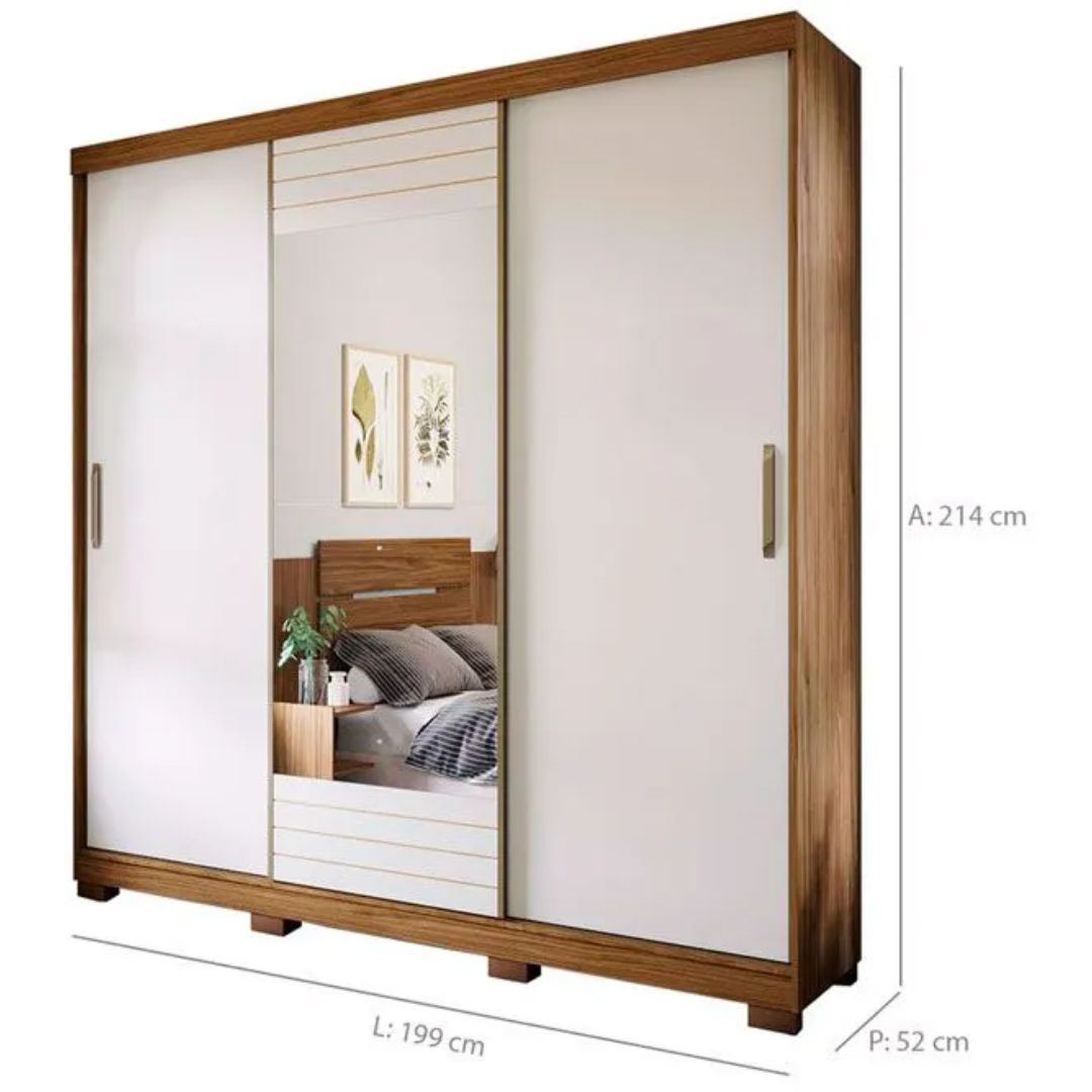 Guarda Roupa Panan Buzios Slide Glass 3 Portas Cacau/Off White