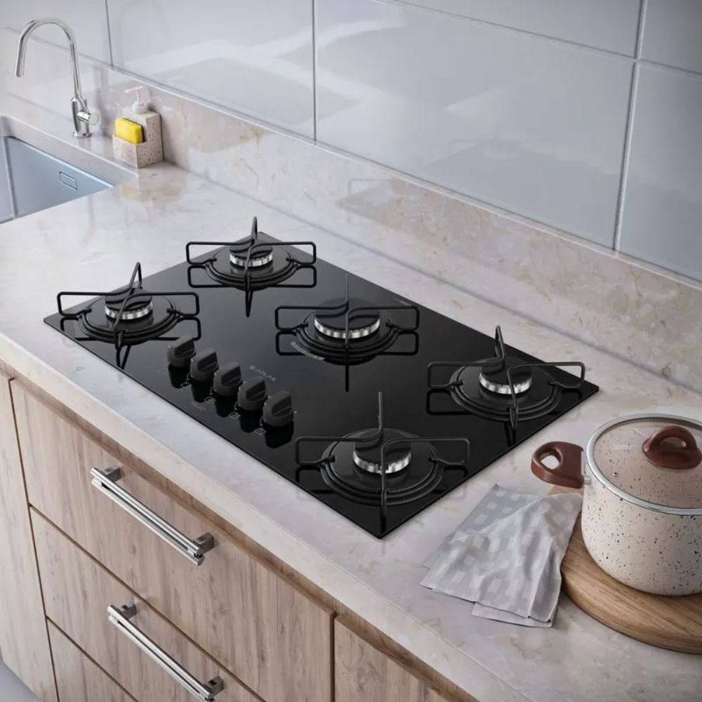 Cooktop 5 Bocas Atlas Milão com Mesa de Vidro Preto Bivolt