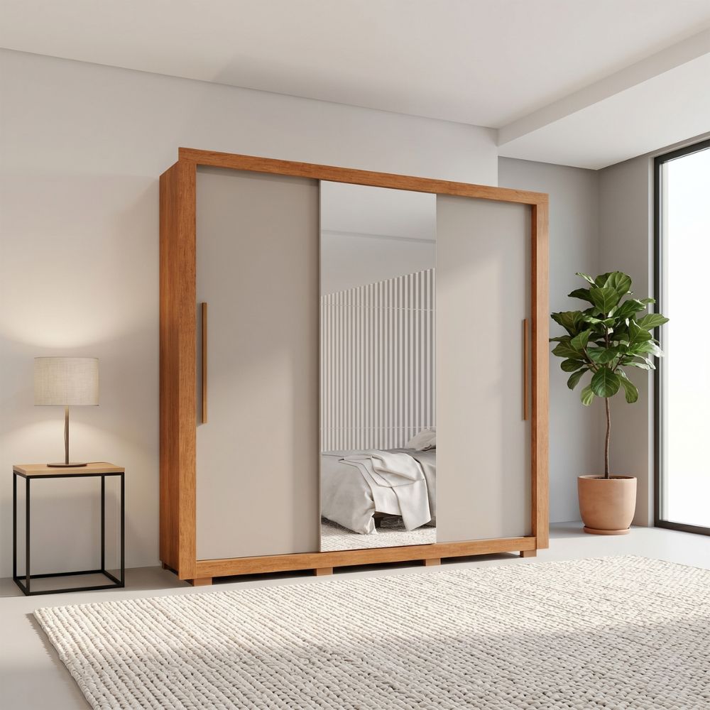 Guarda-Roupa com Espelho Panamá 3 Portas e 4 Gavetas Cinamomo Off White - Sallêto