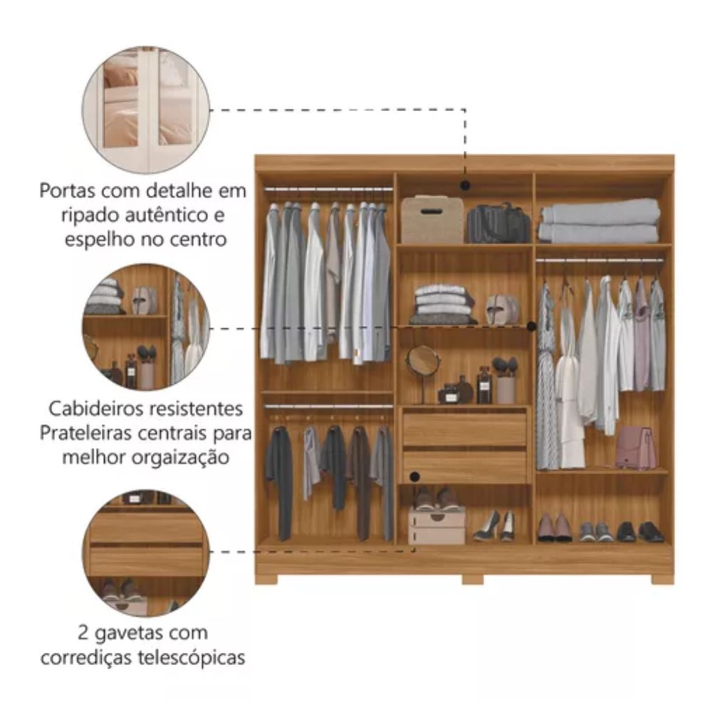 Guarda Roupa Moval Valença Com Espelho Ripado Freijo Off White