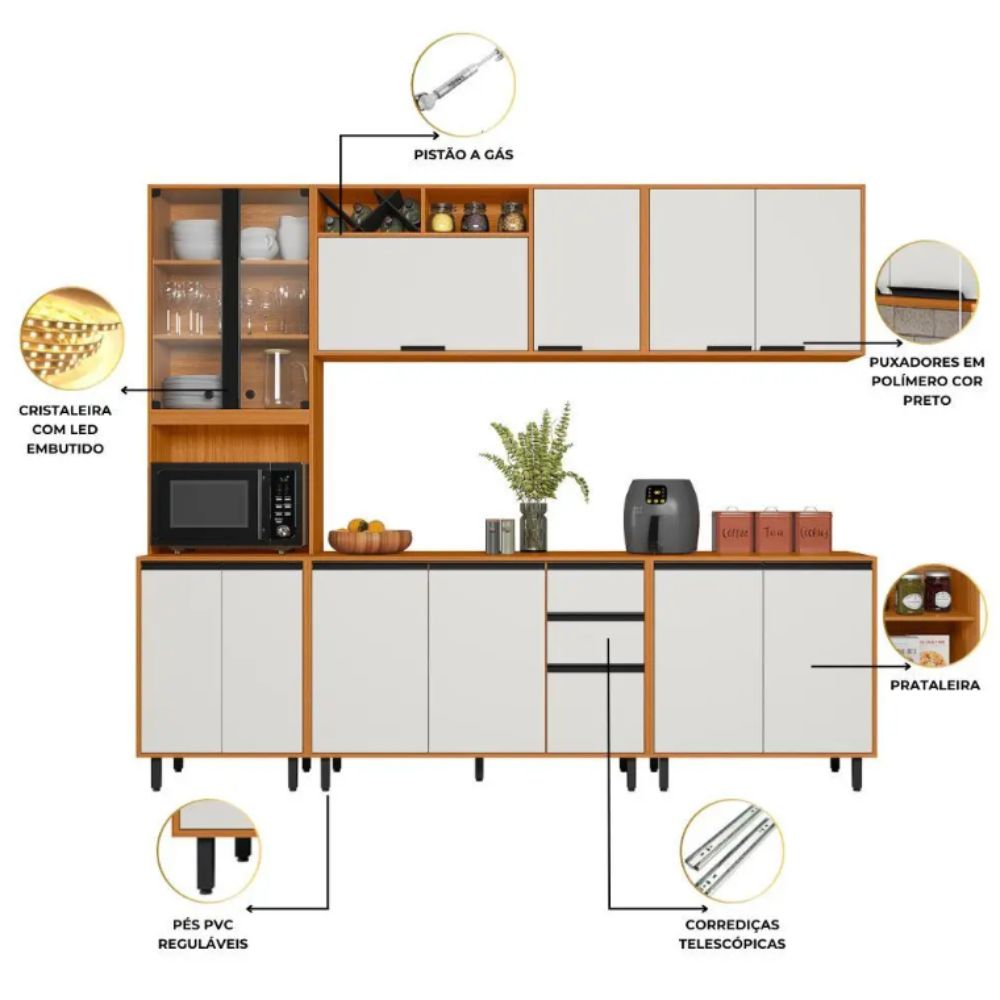 Cozinha Modulada Poliman Ravena 5 Peças Gavetas Freijó Ripado / Off White Acetinado