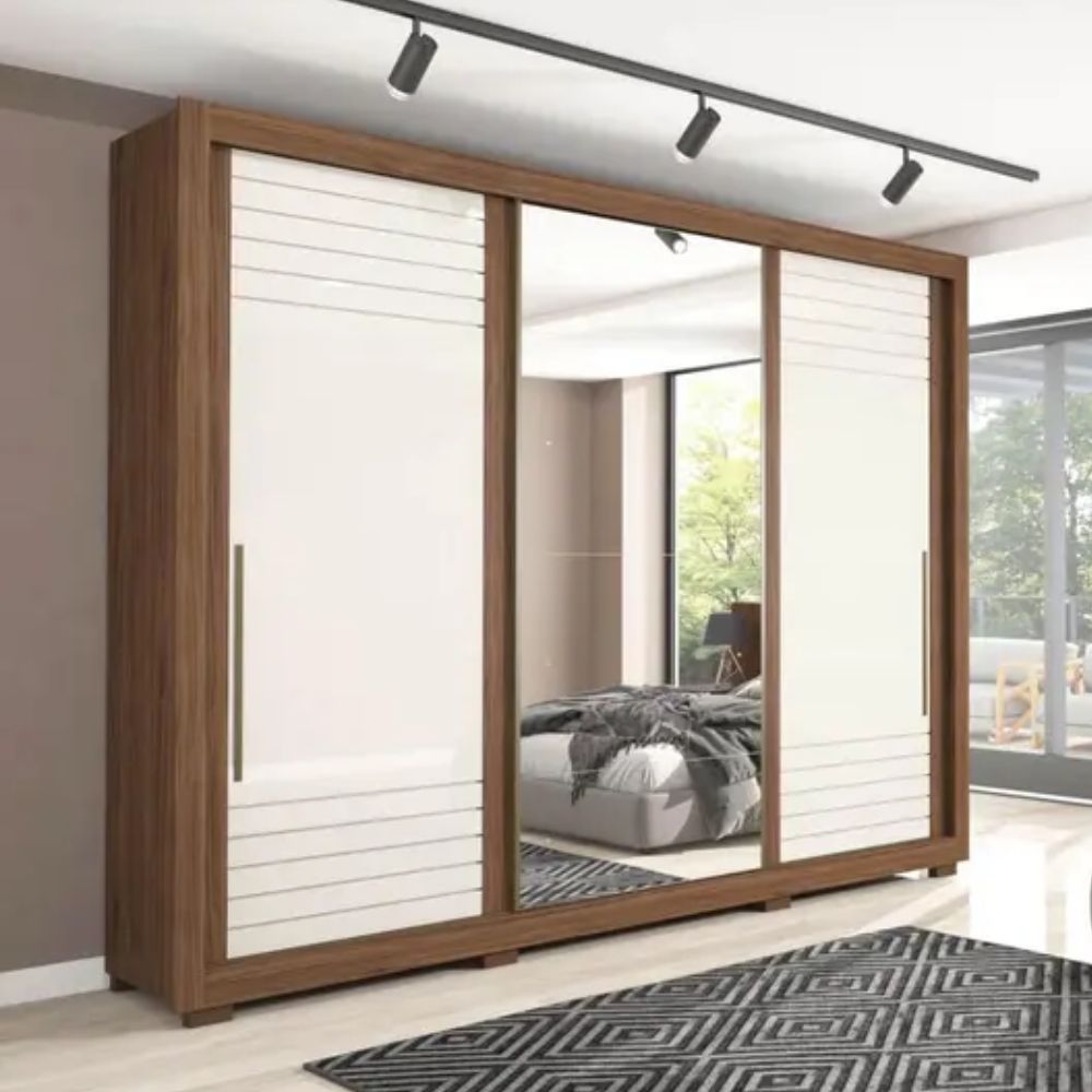 Guarda Roupa Panan Vitoria Slide Glass 3 Portas Avelan/Off White