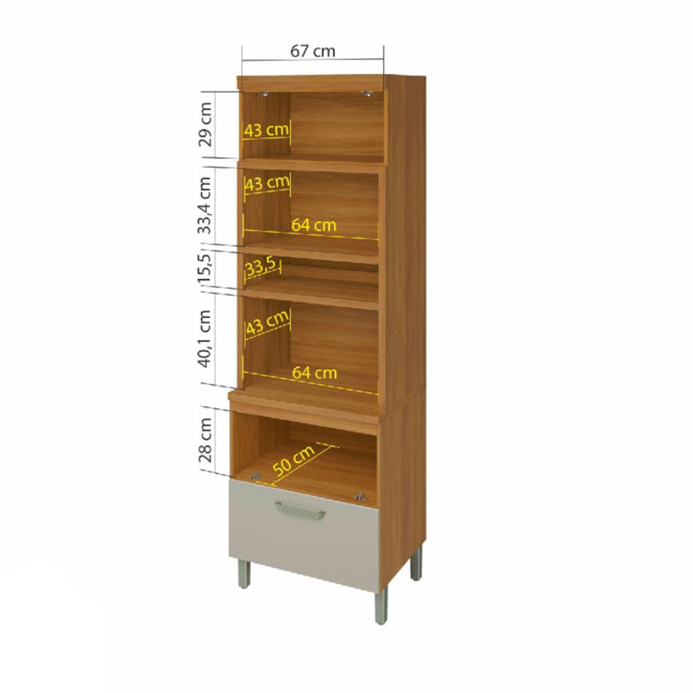 Paneleiro 2 Portas 1 Gaveta Torre Quente Nesher Princesa 70cm MDF Freijó/Off White