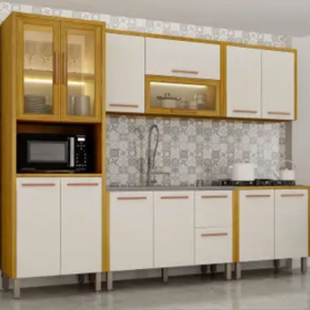 Cozinha Completa 5 Peças Donna 273 cm Vidro Reflecta e LED Aéreo 2 pts - CHF Móveis