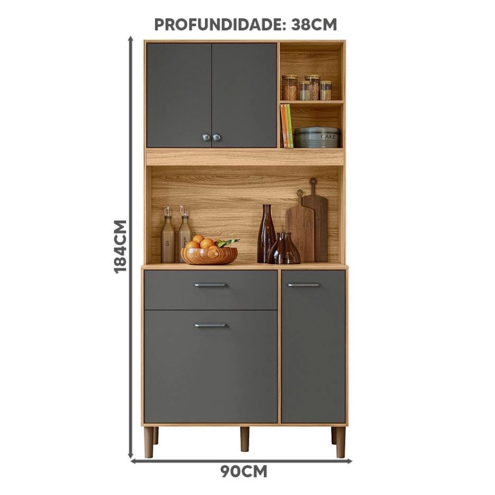 Armário Para Cozinha 4 Portas 1 Gaveta 90 cm Freijó Chumbo Erva Doce Nicioli