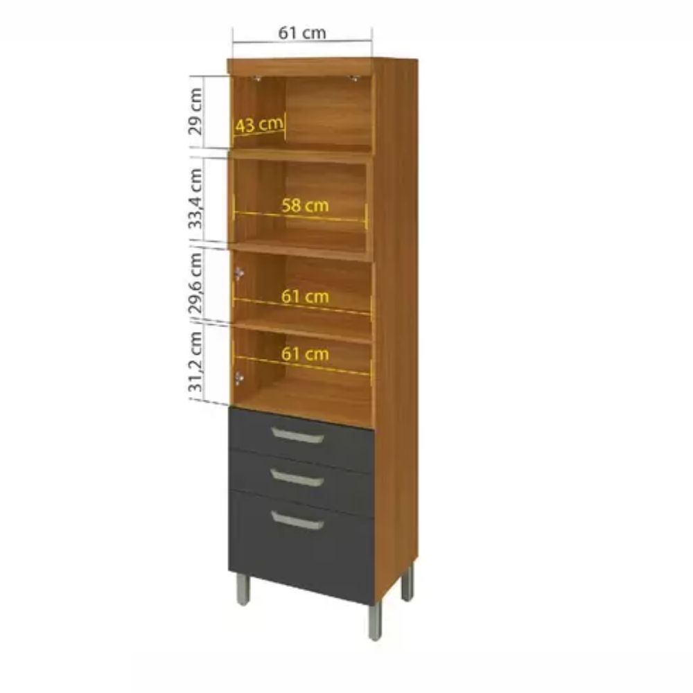 Paneleiro 2 Portas 3 Gavetas Nesher Princesa 64cm MDF Freijó/Grafite