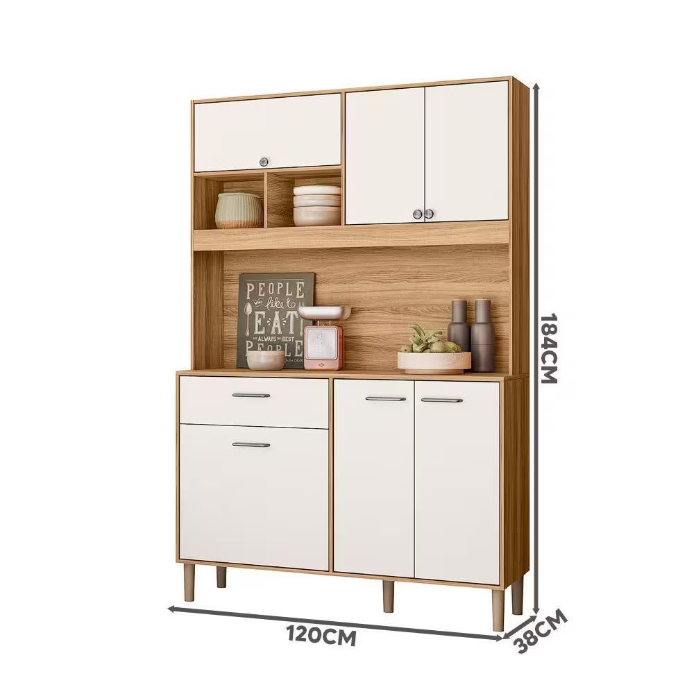 Armário Para Cozinha 6 Portas 1 Gaveta 120 cm Freijó Off White Cristal Erva Doce Nicioli