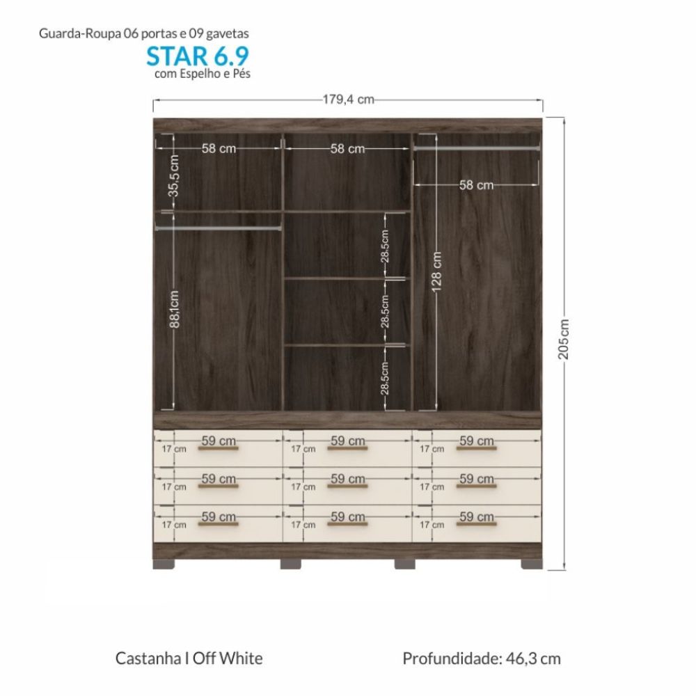 Guarda Roupa Santos Andira Star Plus 6.9 Com Espelho e Pés Castanho/Off White