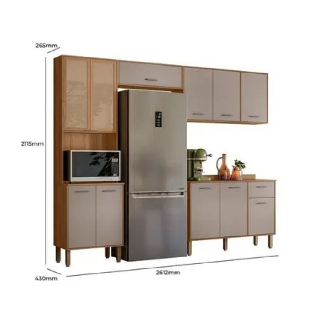 Cozinha Completa Modulada com Vidro Reflecta 4 Peças Paolla Cinza/Ipe/Fendy - Nicioli