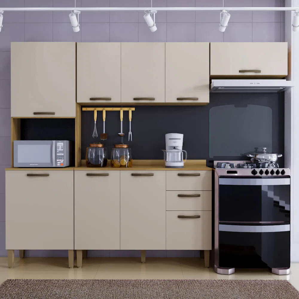 Cozinha Salletto Valência com Balcão 9 Portas 2 Gavetas Carvalho/Off White