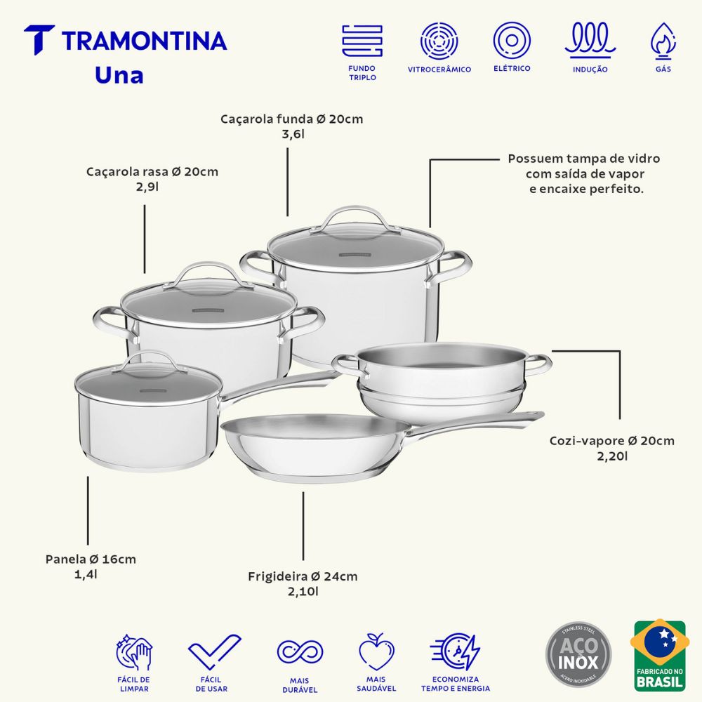 Jogo de Panelas Tramontina Una em Aço Inox com Fundo Triplo e Tampas de Vidro 5 Peças