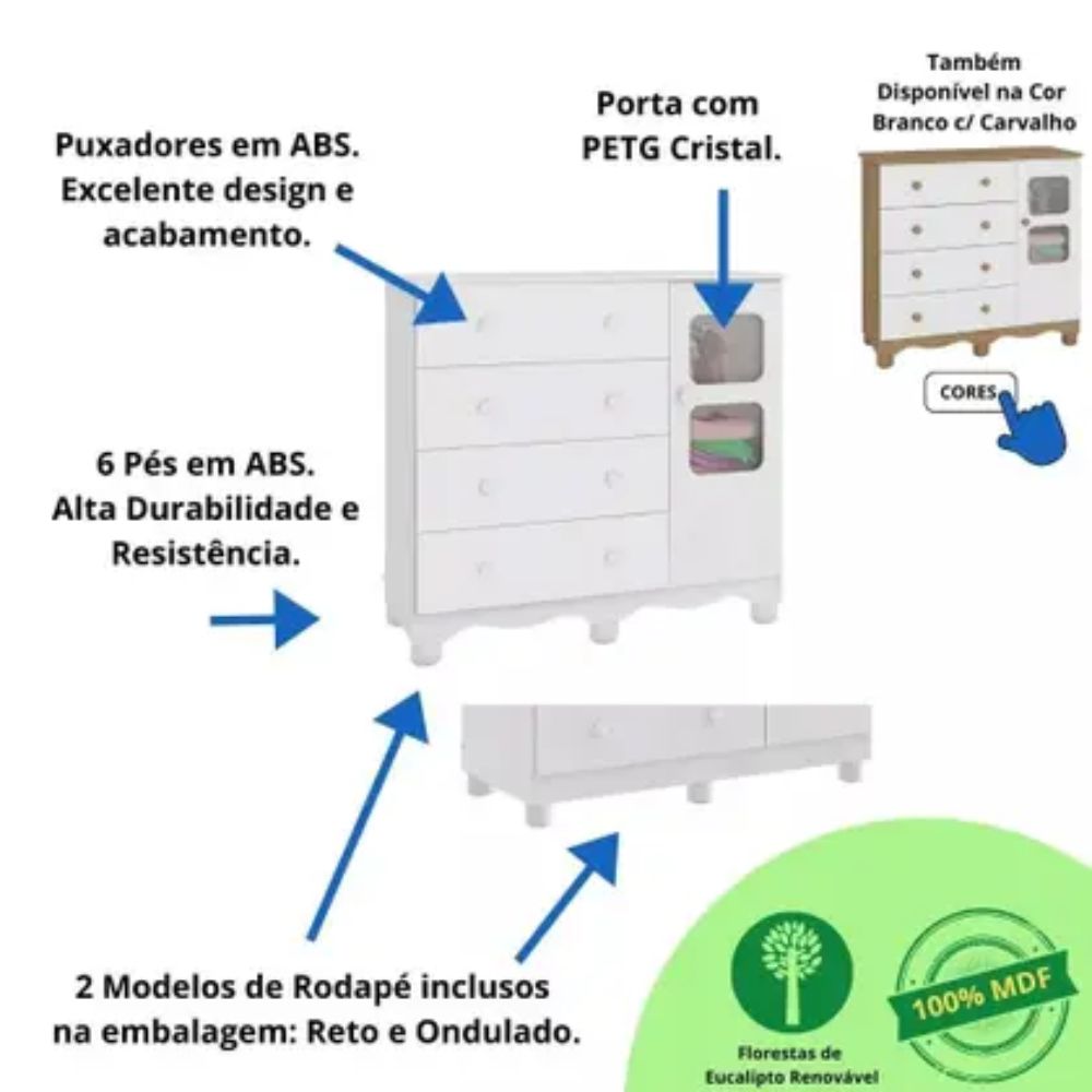 Cômoda Infantil Peroba Uli com 1 Porta e 4 Gavetas