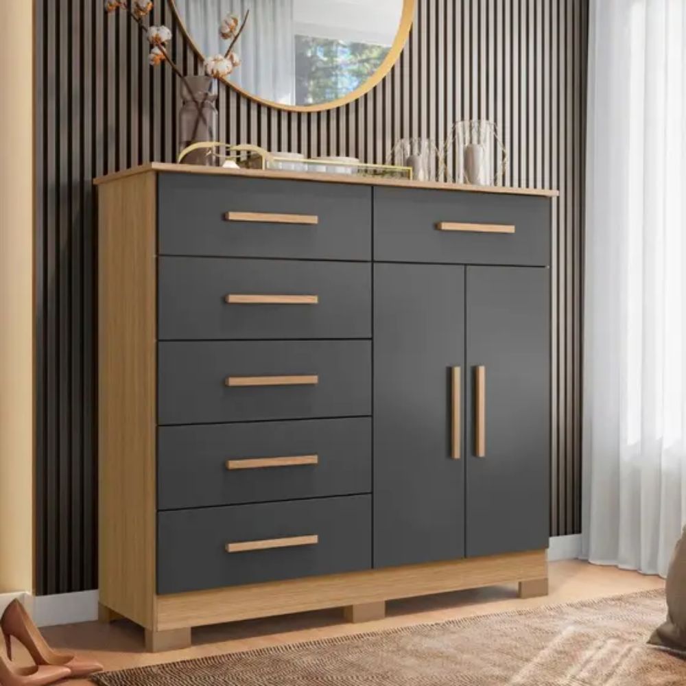 Cômoda 2 Portas 6 Gavetas Xangai Albatroz Nature/Titanium