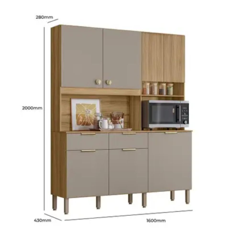 Cozinha Compacta Tropical 7 Portas 2 Gavetas Freijó/Fendy/Ripado Freijó - Nicioli