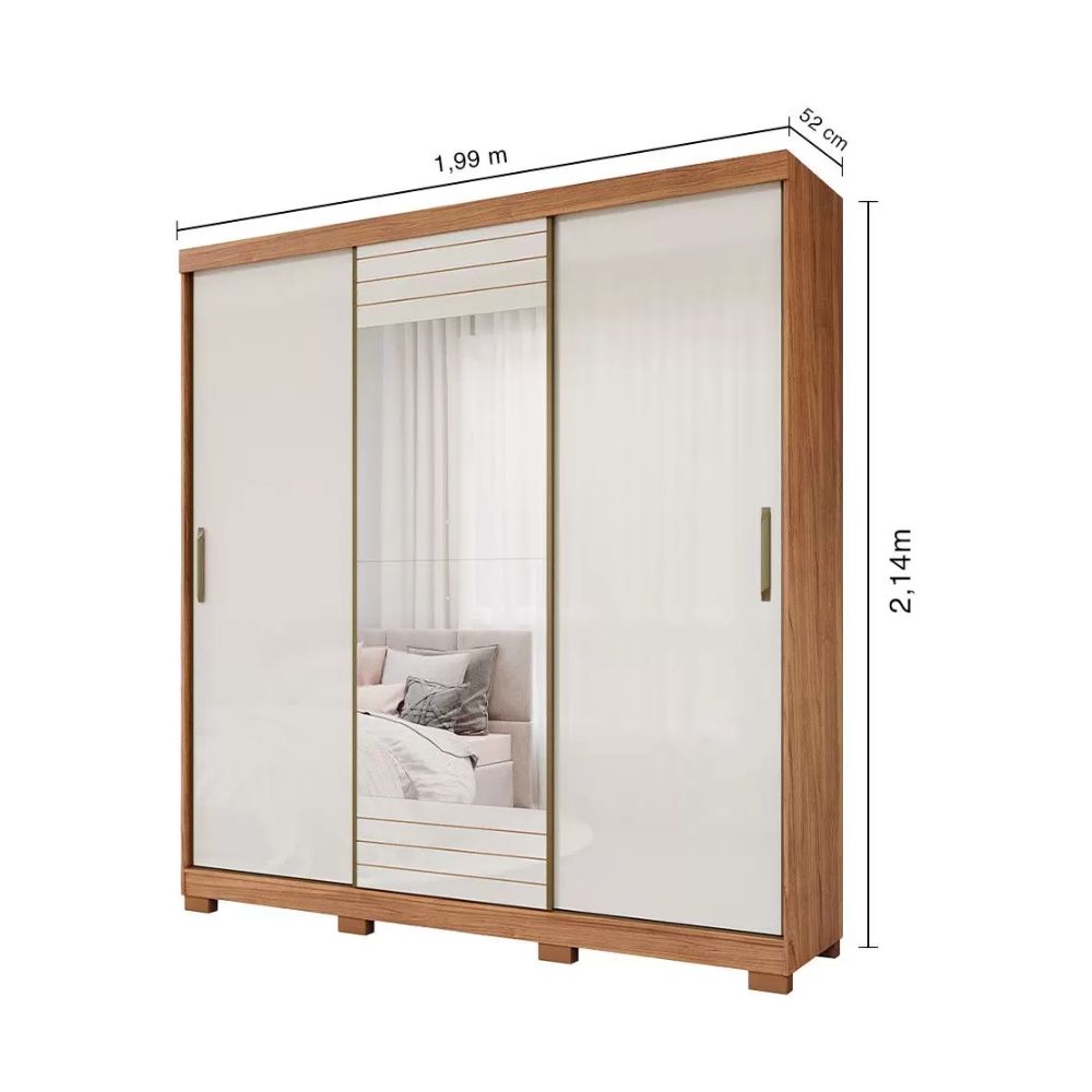 Guarda-Roupa Panan Búzios Slide Glass 3 Portas Cinamomo/Off-White