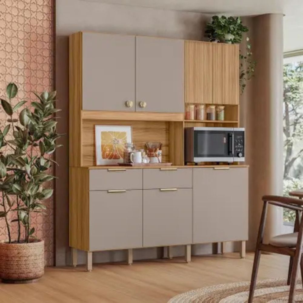 Cozinha Compacta Tropical 7 Portas 2 Gavetas Freijó/Fendy/Ripado Freijó - Nicioli