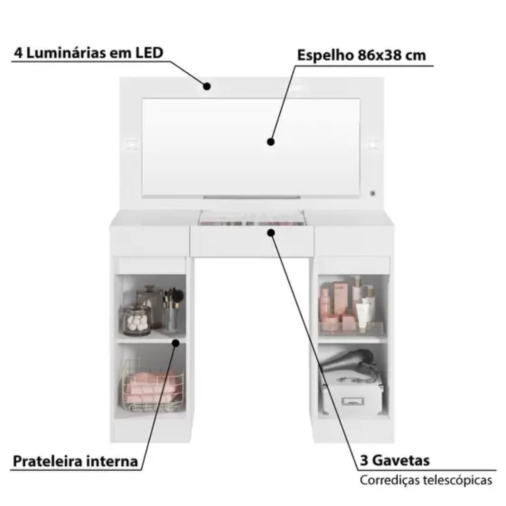 Penteadeira Camarim Studio com 3 Gavetas e 2 Portas Branco Albatroz Móveis