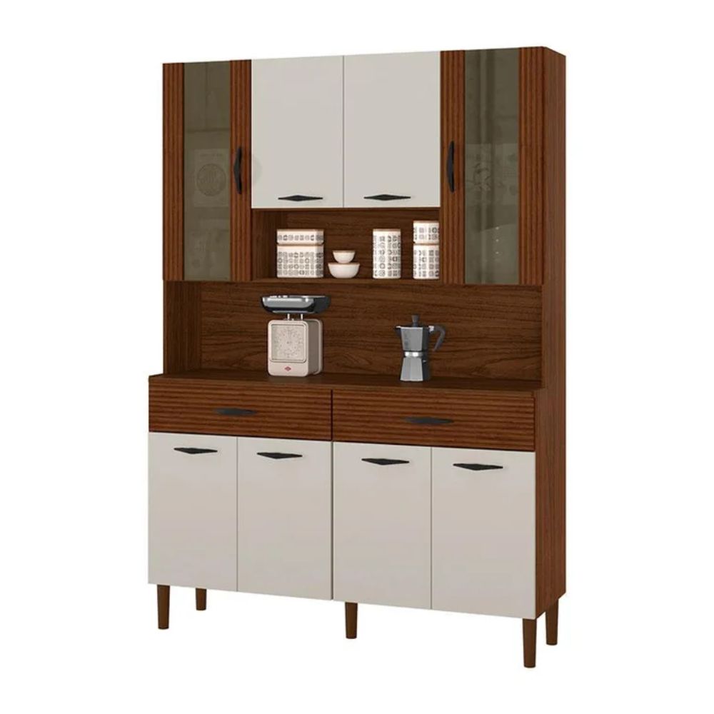 Armário de Cozinnha Kits Parana Golden 8 Portas 8930 Nogueira/Off White/Ripado