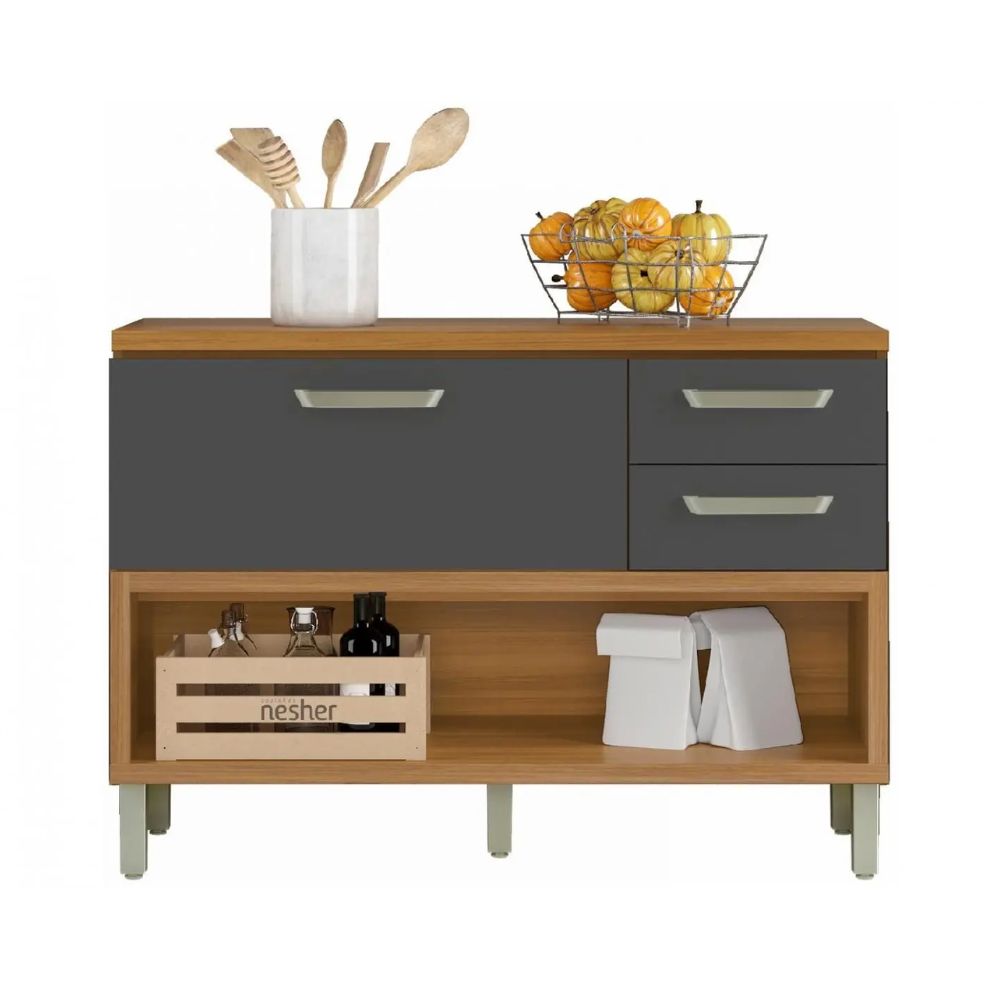 Balcão Nesher Princesa 2 Portas 3 Gavetas 120cm 100% MDF Freijó/Grafite