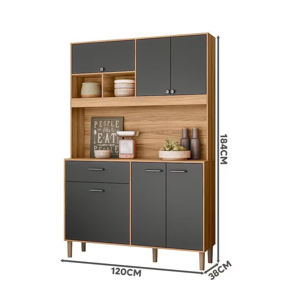 Armário Para Cozinha Pequena 6 Portas 1 Gaveta 120 cm Freijó Cinza Erva Doce Nicioli