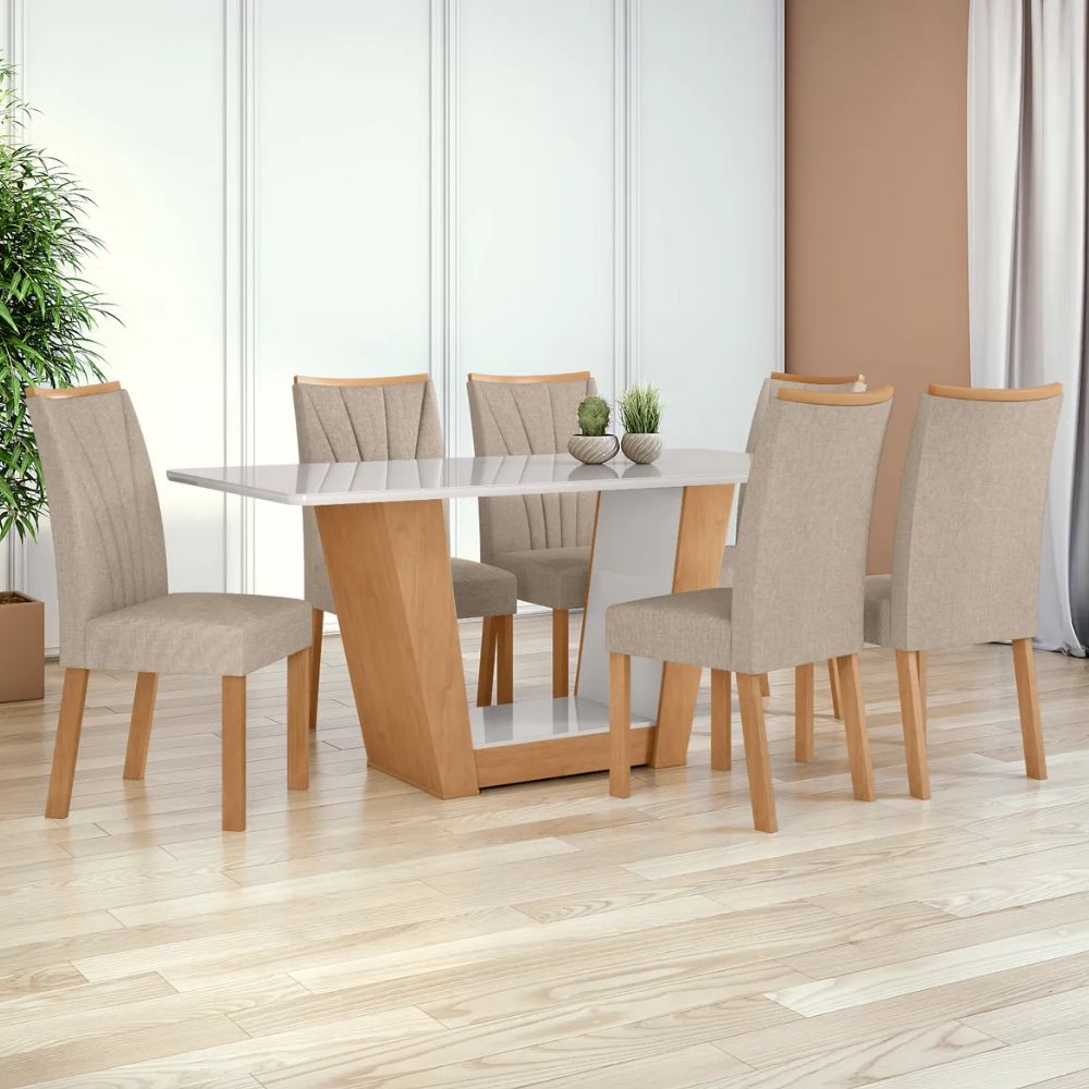 Mesa de Jantar Lopas Apogeu 1,70 6 Cadeiras Apogeu Amêndoa Clean/Off White