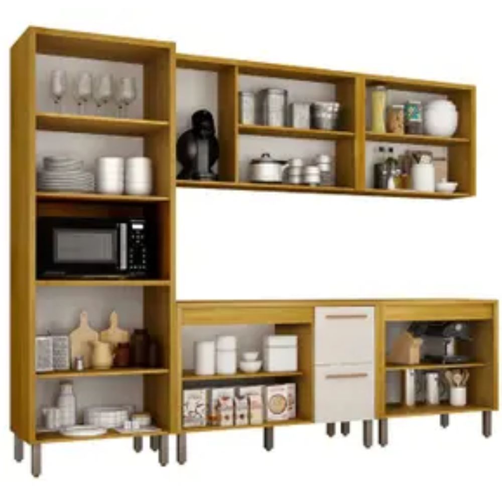 Cozinha Completa 5 Peças Donna 273 cm Vidro Reflecta e LED Aéreo 2 pts - CHF Móveis