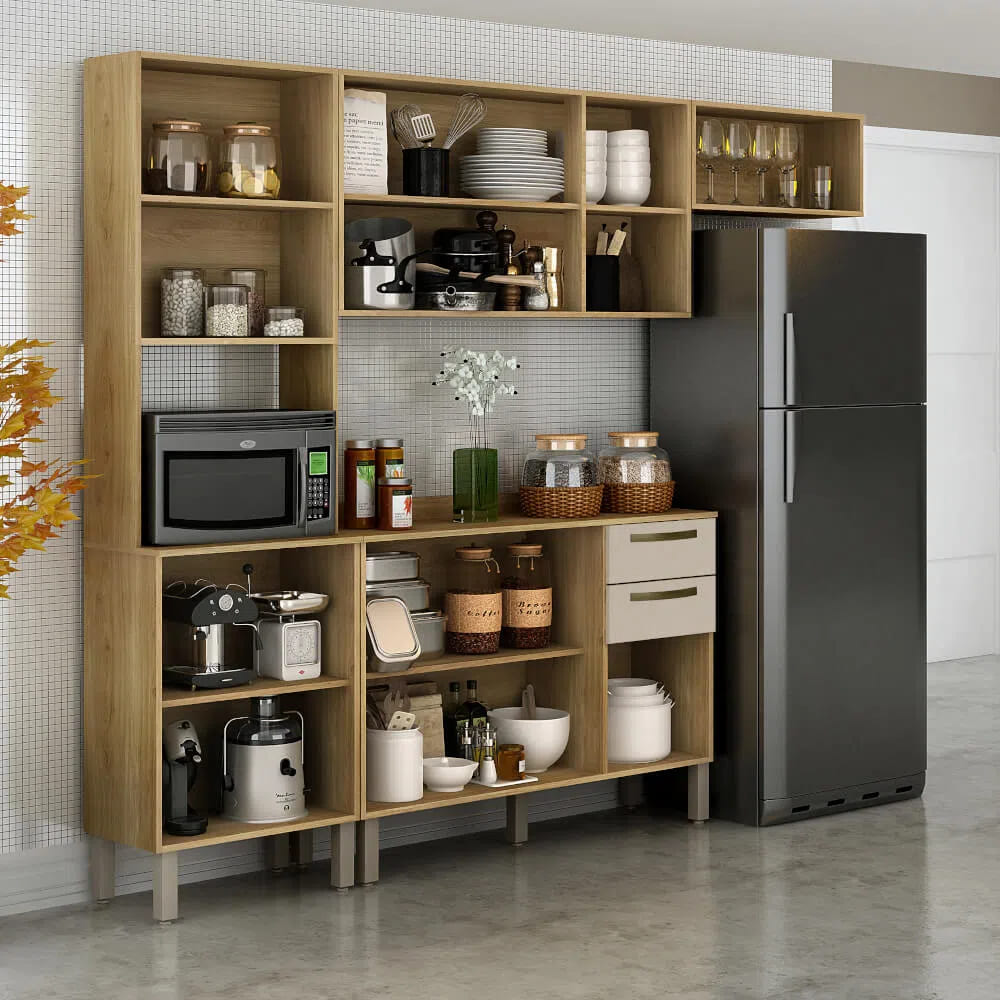 Cozinha Salletto Valência com Balcão 9 Portas 2 Gavetas Carvalho/Off White