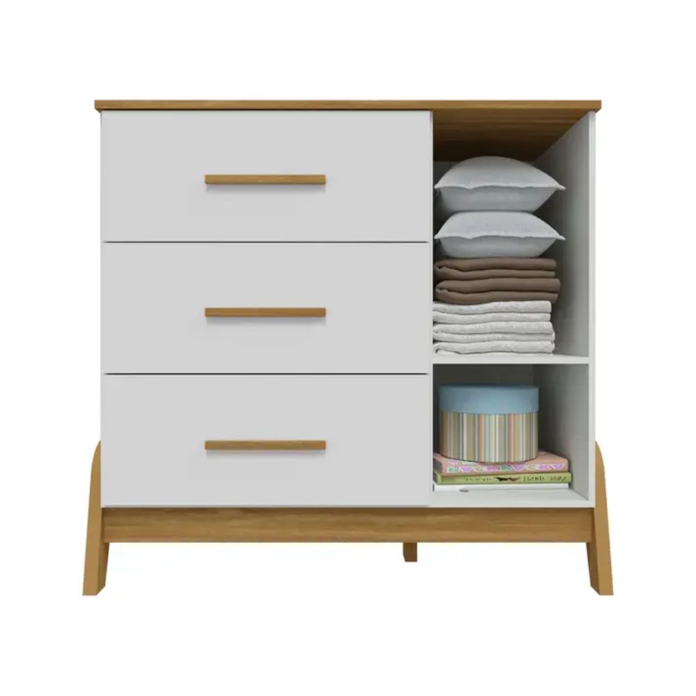 Cômoda Retrô Guti Moveis Peroba 03 gavetas 01 porta MDF Branco Amêndoa