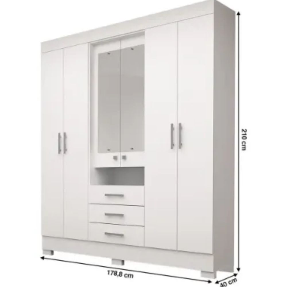 GUARDA ROUPA ACP DEBORA 6 PORTAS 3 GAVETAS CAPELINHA COM PE E ESPELHO BRANCO