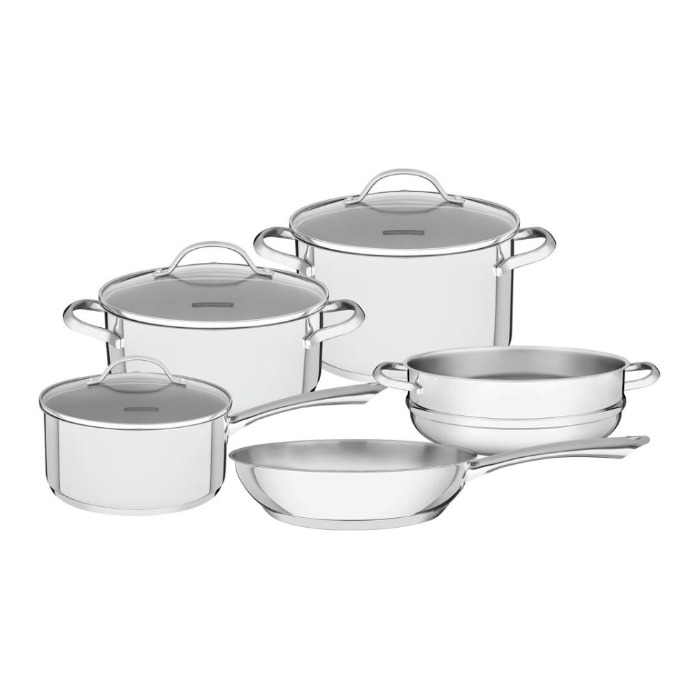 Jogo de Panelas Tramontina Una em Aço Inox com Fundo Triplo e Tampas de Vidro 5 Peças
