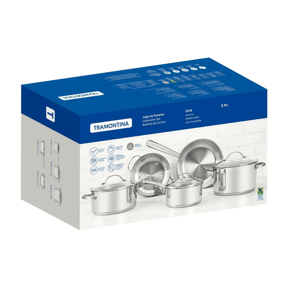 Jogo de Panelas Tramontina Una em Aço Inox com Fundo Triplo e Tampas de Vidro 5 Peças - Imagem 9