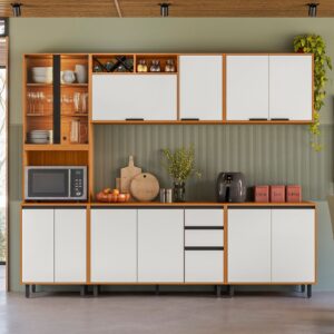 Cozinha Modulada Poliman Ravena 5 Peças Gavetas Freijó Ripado / Off White Acetinado