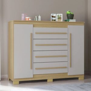 Cômoda Poquema Valência  4 Gavetas e 2 Portas Damasco/Off White