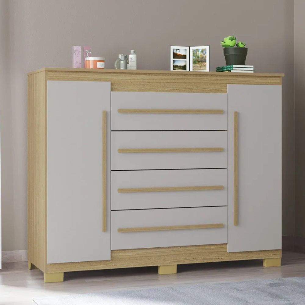 Cômoda Poquema Valência  4 Gavetas e 2 Portas Damasco/Off White